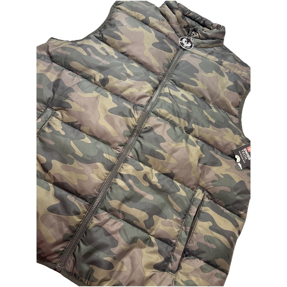 SwissTech Men's Green Puffer Vest Jacket Full Zip Camouflage‎ XL Water Repellent